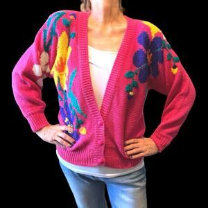 Vintage 80s Jaclyn Smith Hot Pink Floral Statement Cardigan Sweater Knit Small